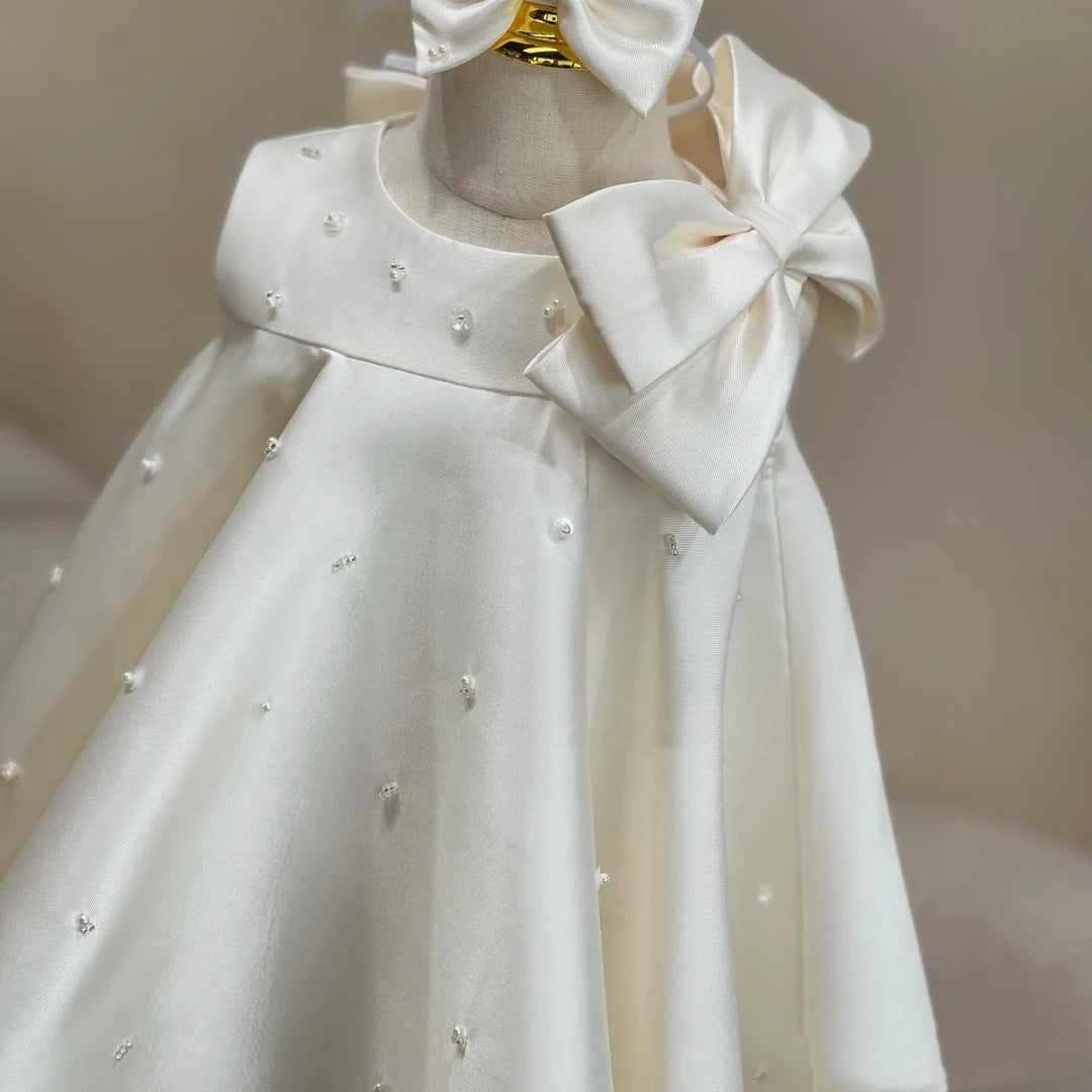 A-line Satin Tea-Length White Dress for Girls - Baptism, Party, Ceremony