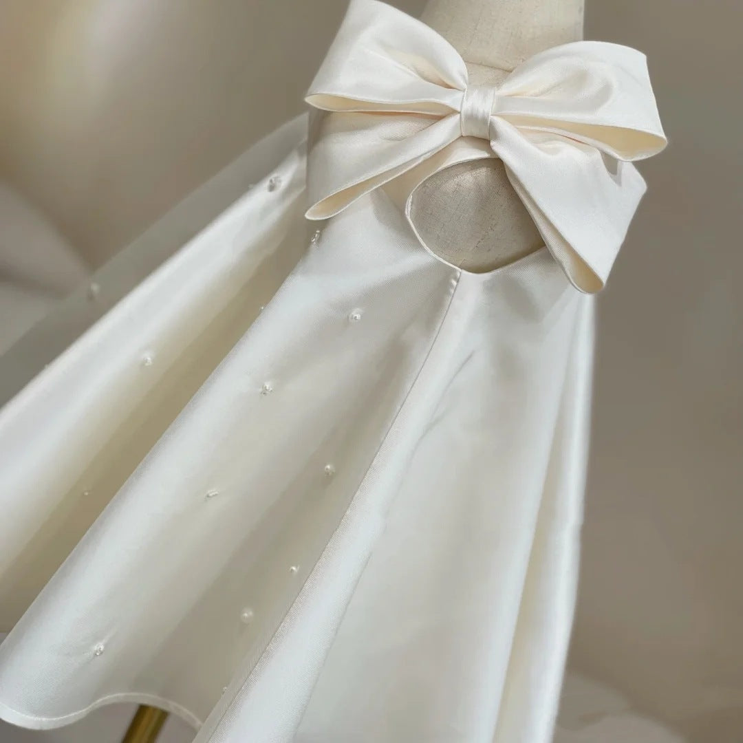 A-line Satin Tea-Length White Dress for Girls - Baptism, Party, Ceremony
