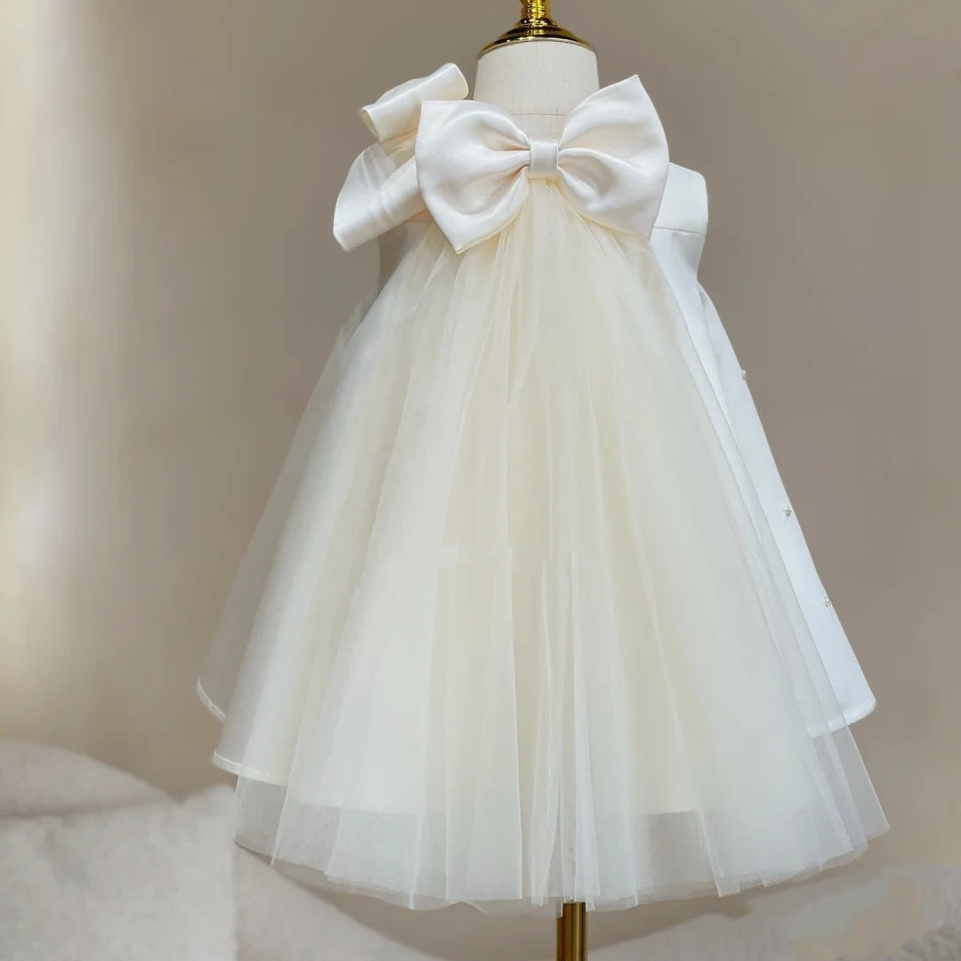 A-line Satin Tea-Length White Dress for Girls - Baptism, Party, Ceremony