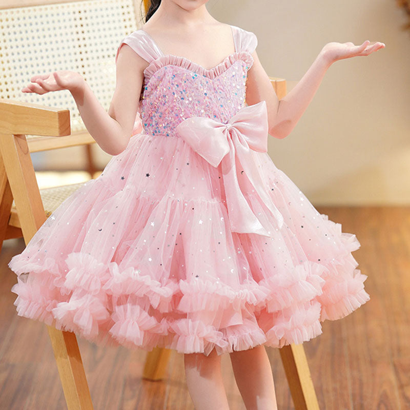 Elegant A-Line Sweetheart Sleeveless Tulle Princess Dress for Girls | Sequins & Bows