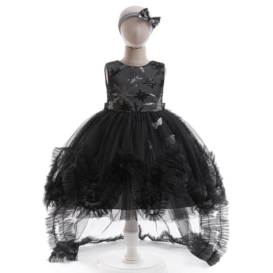 Black A-Line Tulle Girls' Dress – Embroidered & Sequin Tea Length Party Outfit