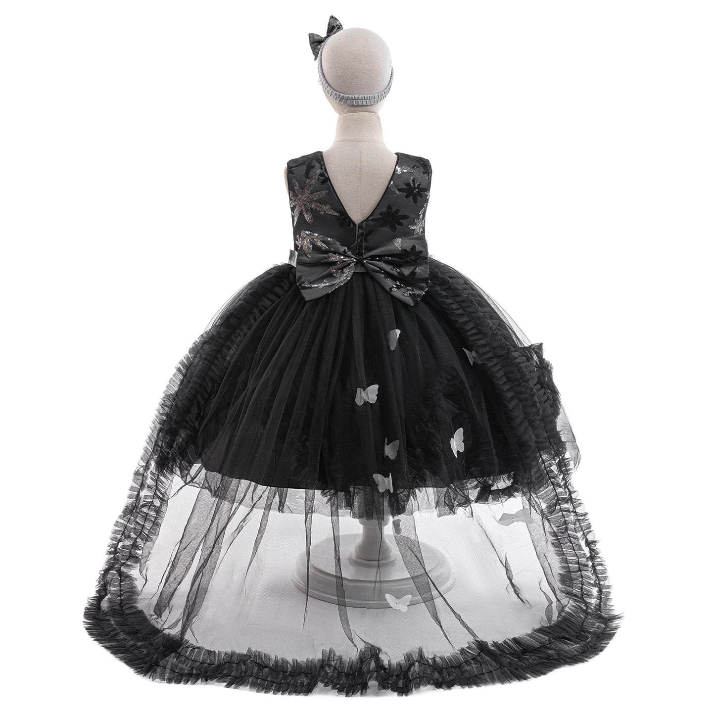 Black A-Line Tulle Girls' Dress – Embroidered & Sequin Tea Length Party Outfit