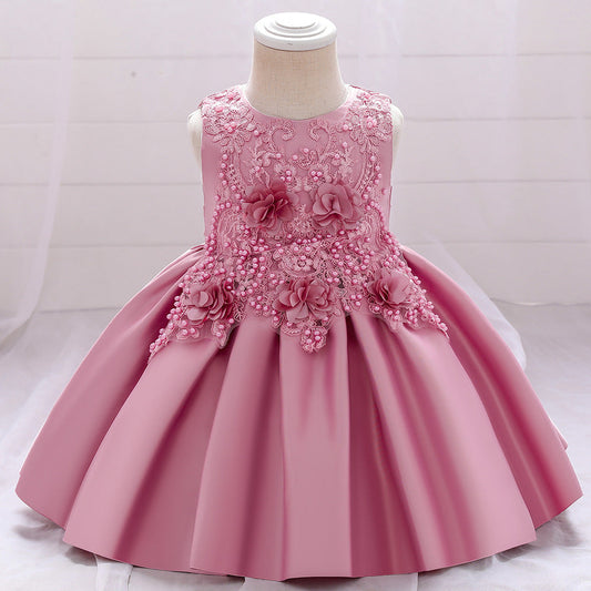 A-line Tea-Length Flower Girl Dress with Beaded Floral Lace