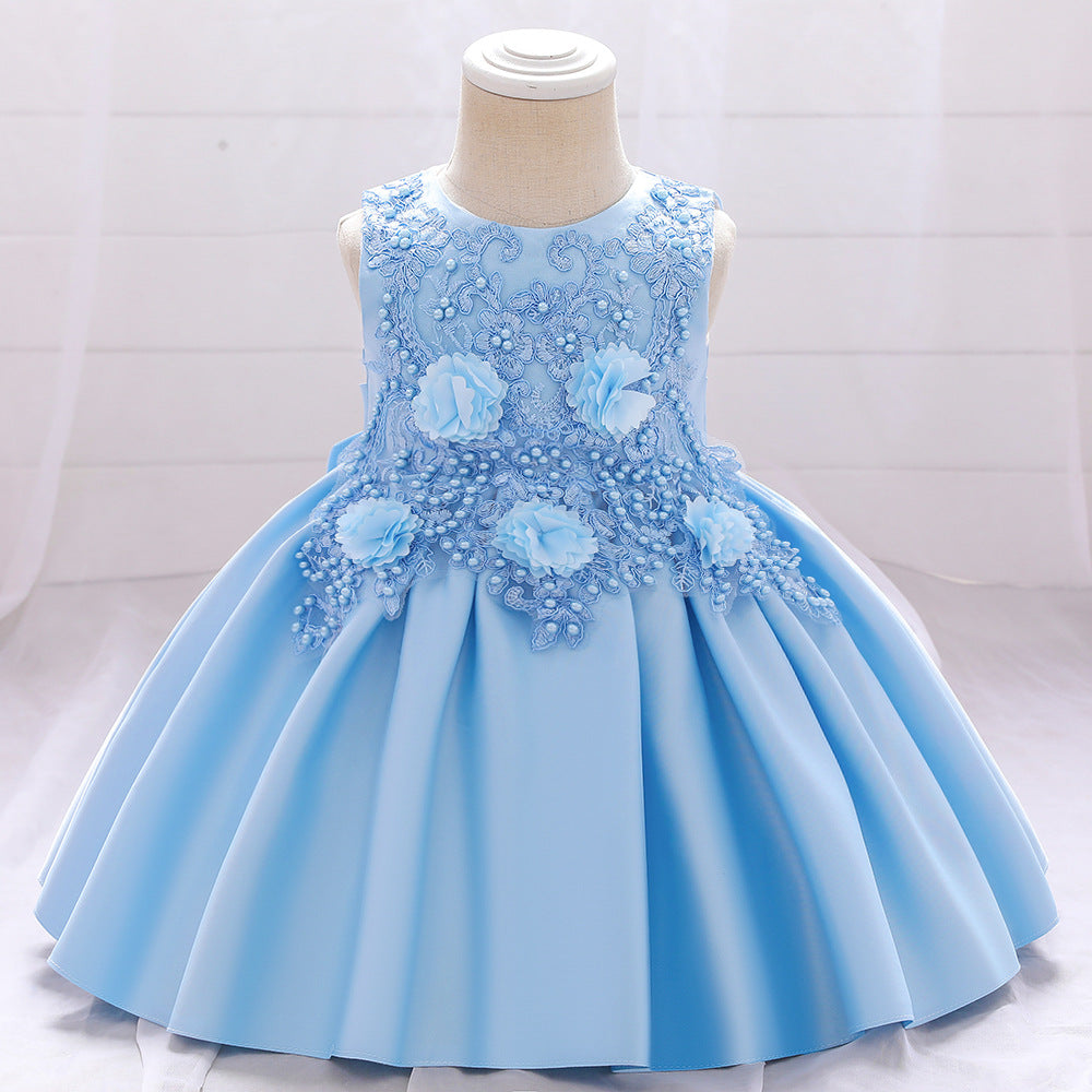 A-line Tea-Length Flower Girl Dress with Beaded Floral Lace