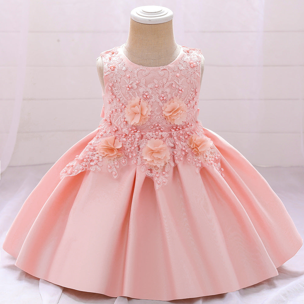 A-line Tea-Length Flower Girl Dress with Beaded Floral Lace