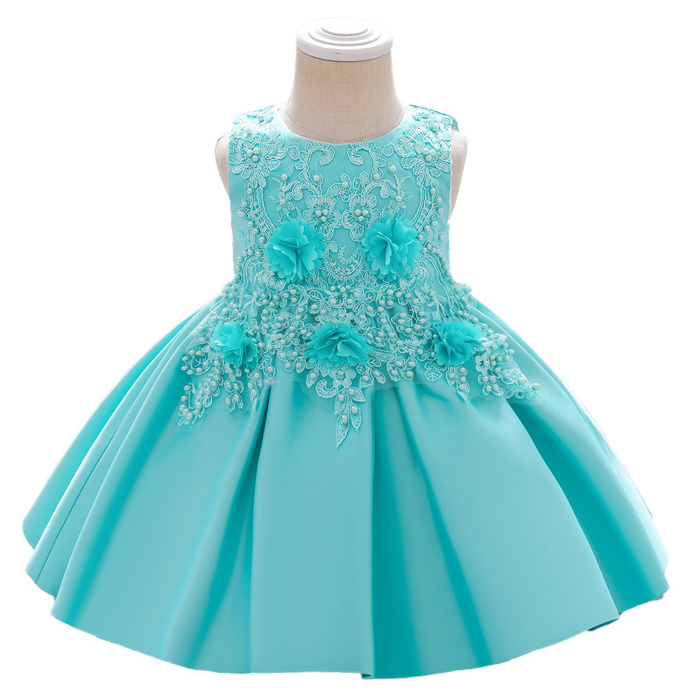 A-line Tea-Length Flower Girl Dress with Beaded Floral Lace