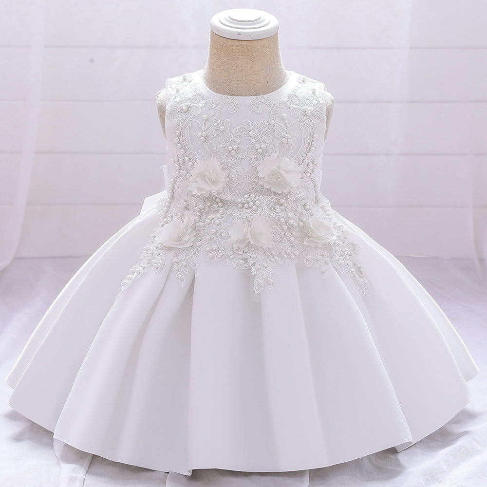 A-line Tea-Length Flower Girl Dress with Beaded Floral Lace