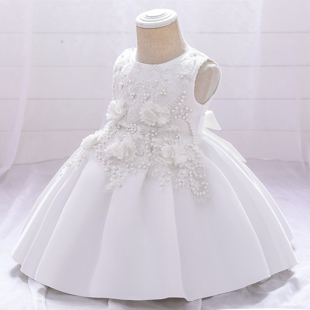 A-line Tea-Length Flower Girl Dress with Beaded Floral Lace