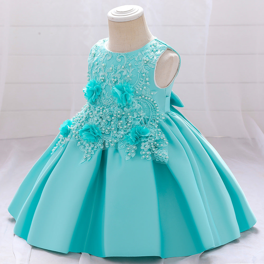 A-line Tea-Length Flower Girl Dress with Beaded Floral Lace