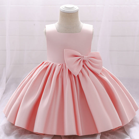 A-Line Tea-Length Satin Flower Girl Dress with Bow and Ruffles