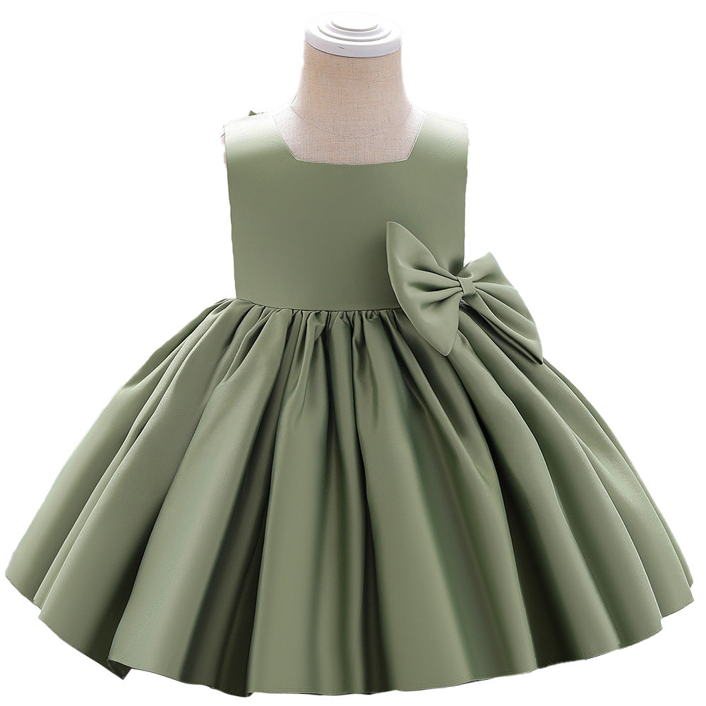 A-Line Tea-Length Satin Flower Girl Dress with Bow and Ruffles