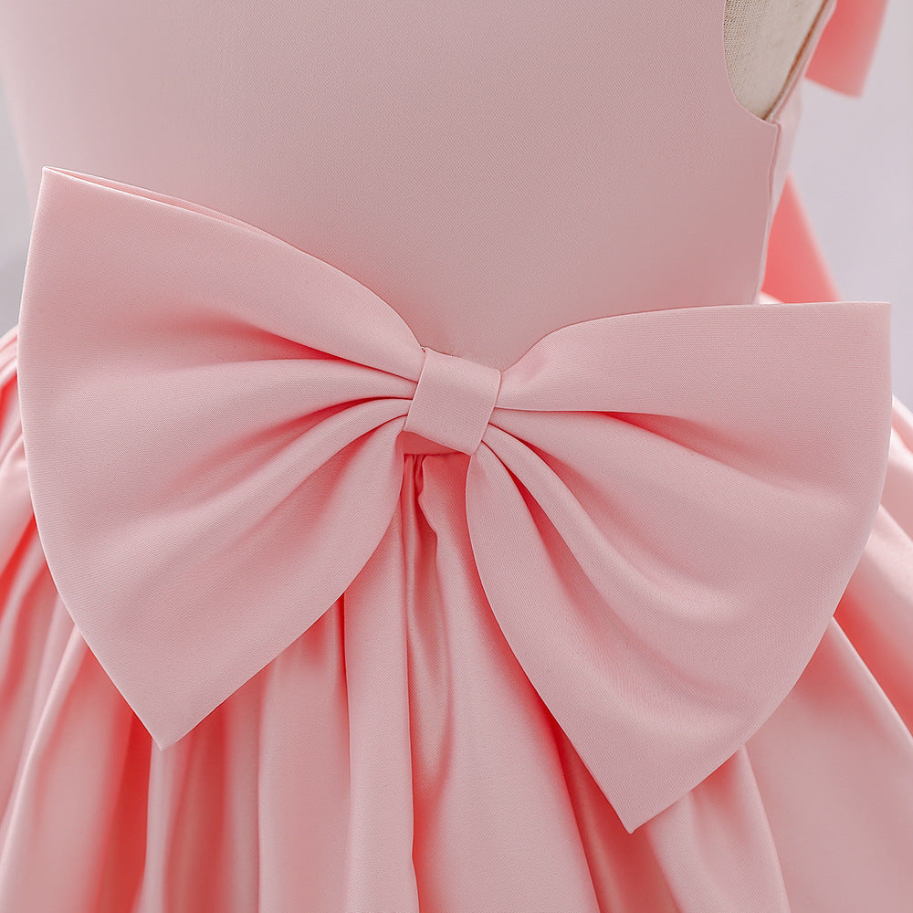 A-Line Tea-Length Satin Flower Girl Dress with Bow and Ruffles