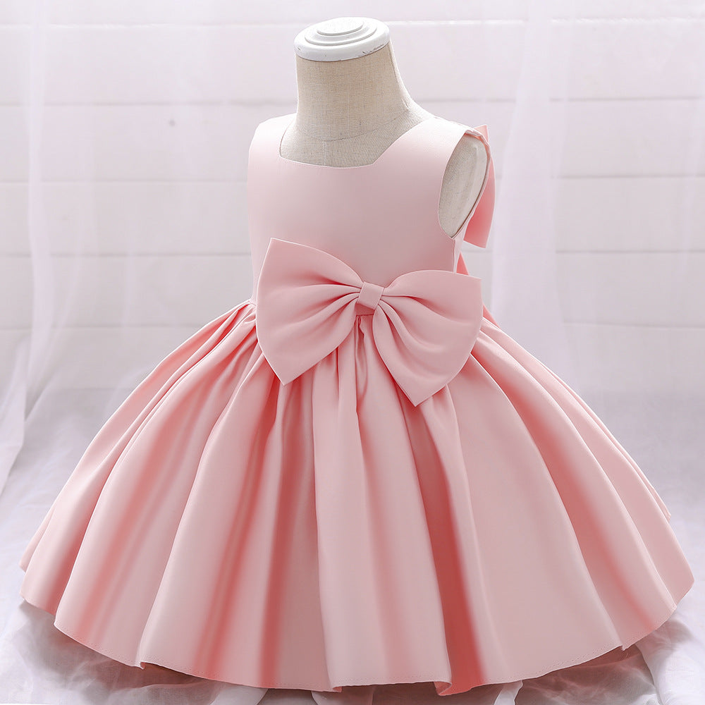 A-Line Tea-Length Satin Flower Girl Dress with Bow and Ruffles