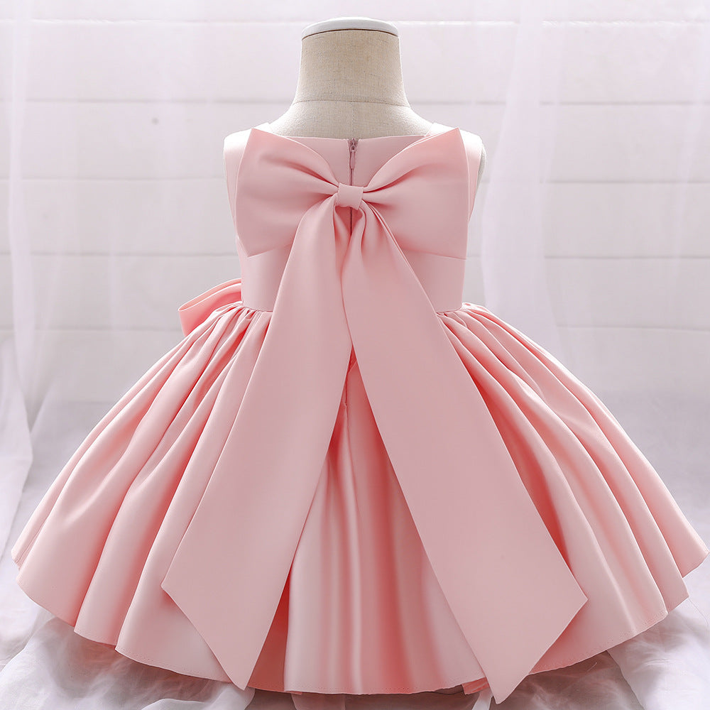 A-Line Tea-Length Satin Flower Girl Dress with Bow and Ruffles