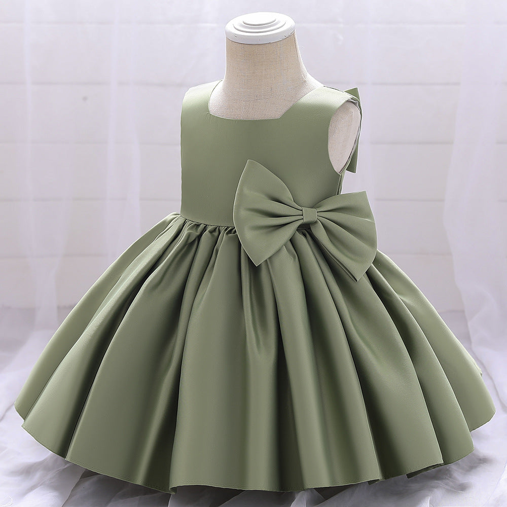 A-Line Tea-Length Satin Flower Girl Dress with Bow and Ruffles