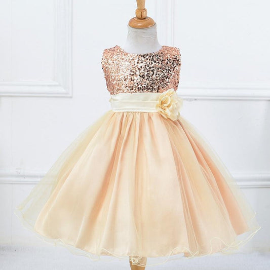 A-line Tea-Length Sequined Flower Girl Dress with Bows