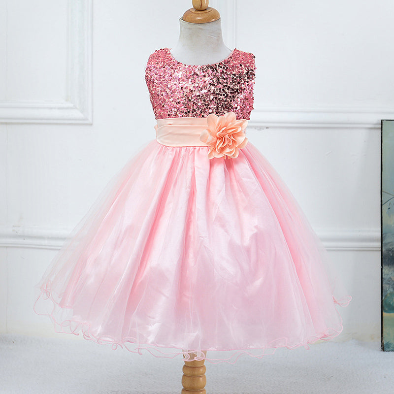 A-line Tea-Length Sequined Flower Girl Dress with Bows