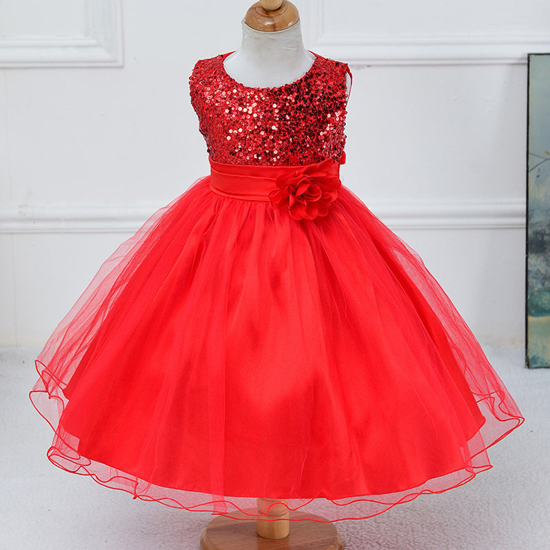 A-line Tea-Length Sequined Flower Girl Dress with Bows
