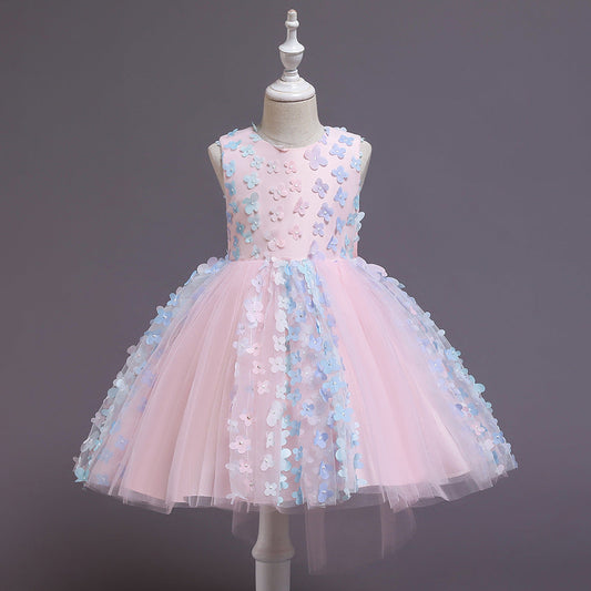 A-Line Tea-Length Tulle Flower Girl Dress with Flowers and Bow