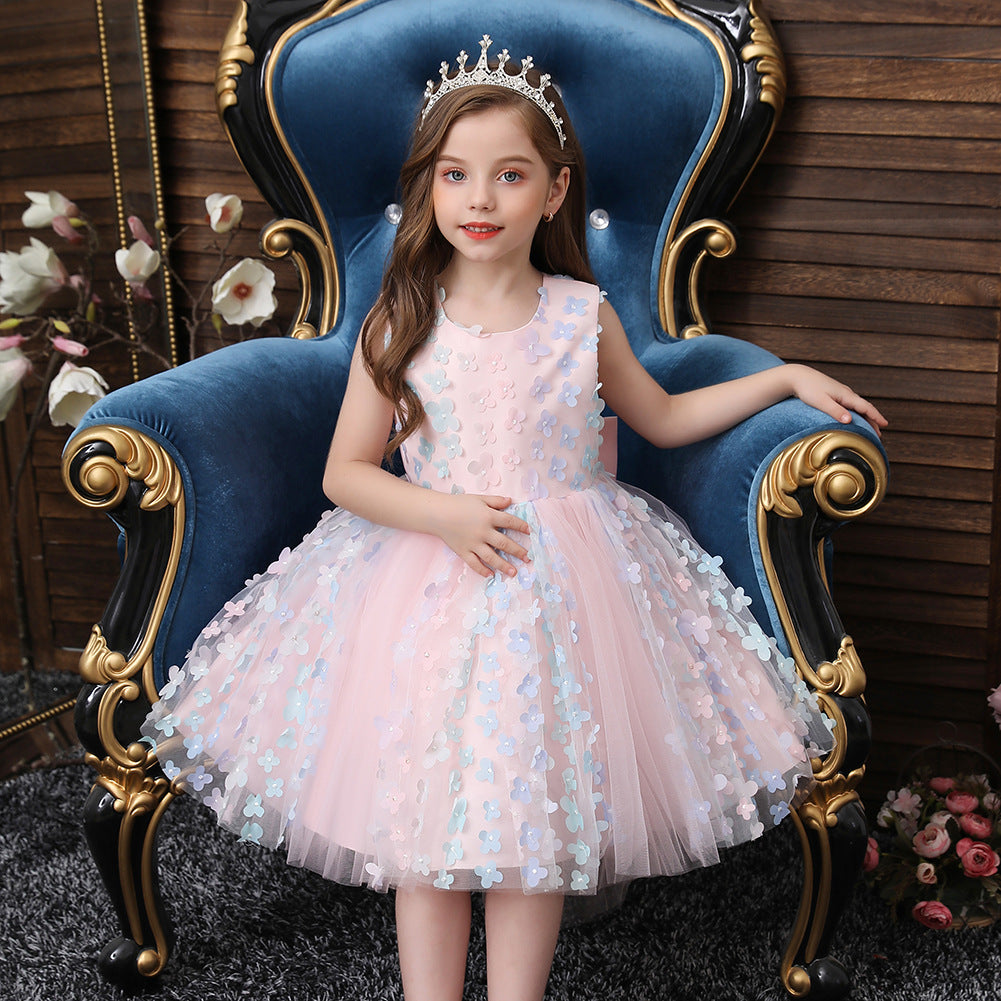 A-Line Tea-Length Tulle Flower Girl Dress with Flowers and Bow