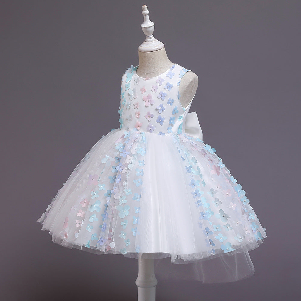 A-Line Tea-Length Tulle Flower Girl Dress with Flowers and Bow