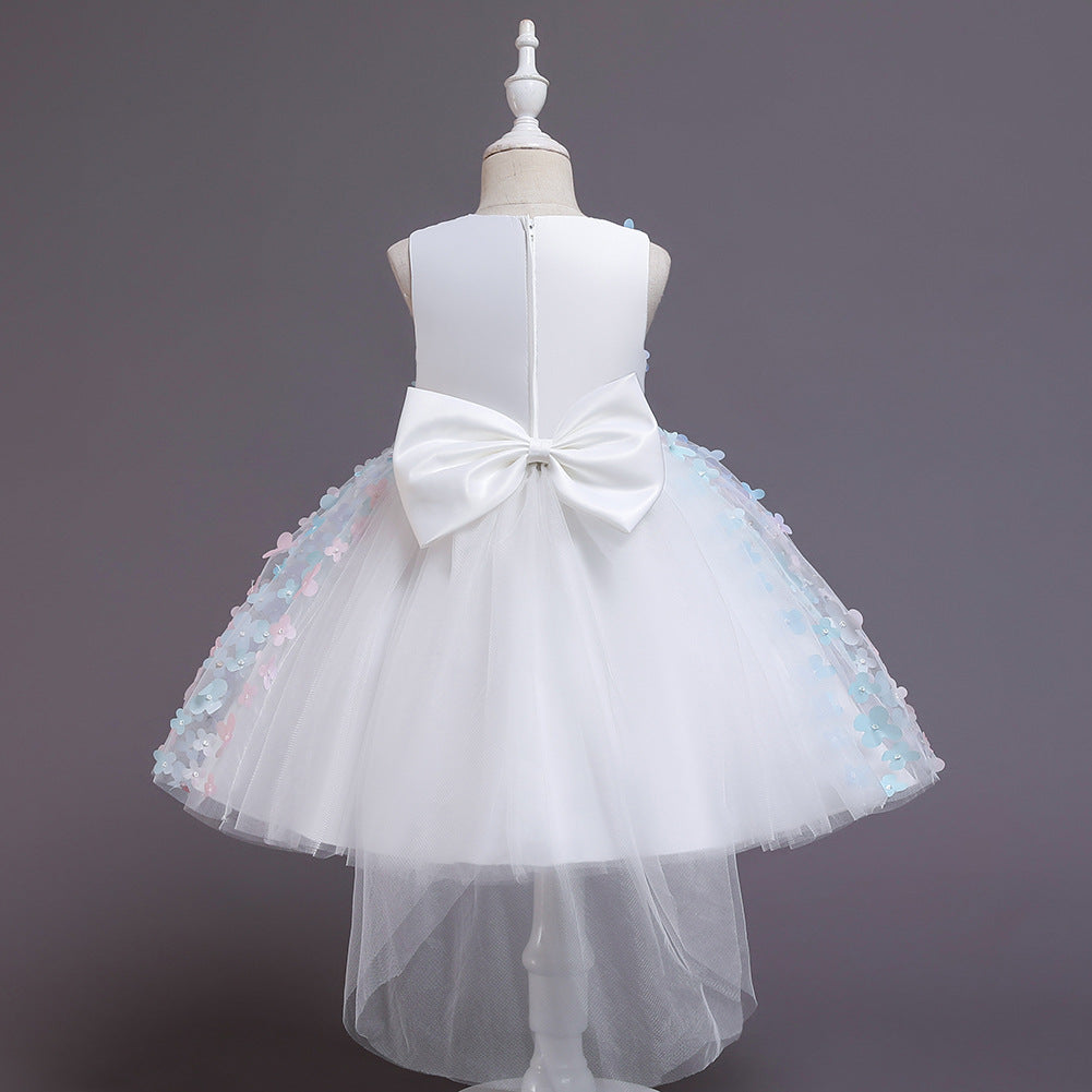 A-Line Tea-Length Tulle Flower Girl Dress with Flowers and Bow
