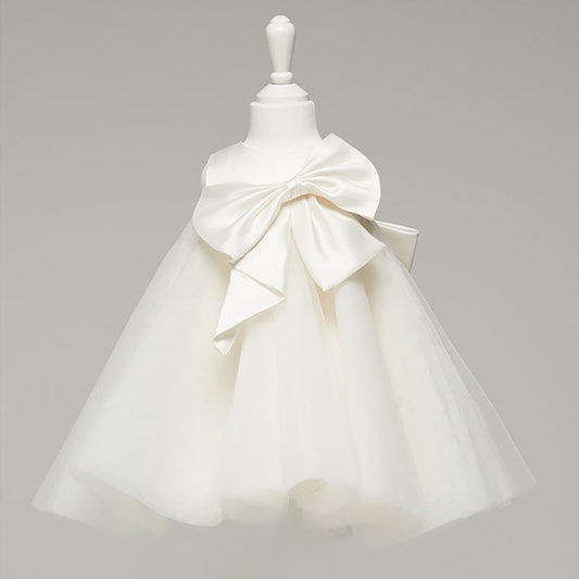 White A-Line Tea Length Tulle Satin Dress with Bow | Girls Occasion Wear