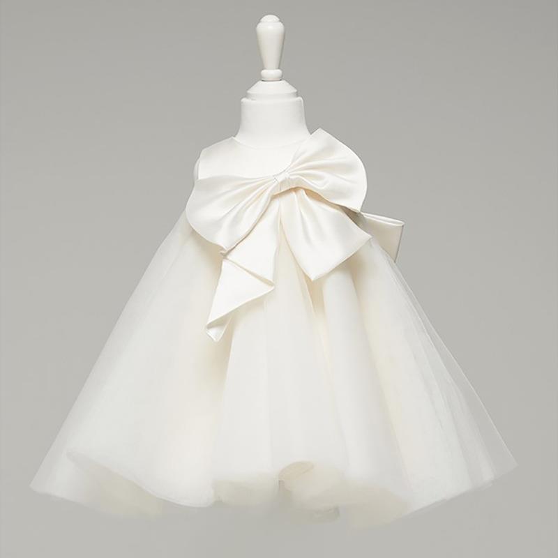 White A-Line Tea Length Tulle Satin Dress with Bow | Girls Occasion Wear