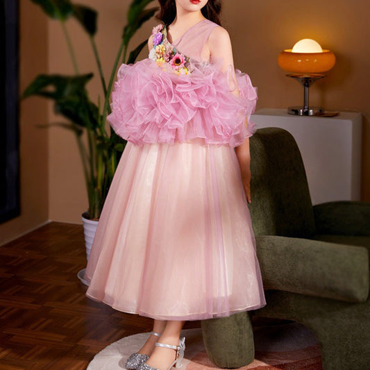 Sleeveless A-Line Pink Floral Girls Dress for Special Occasions
