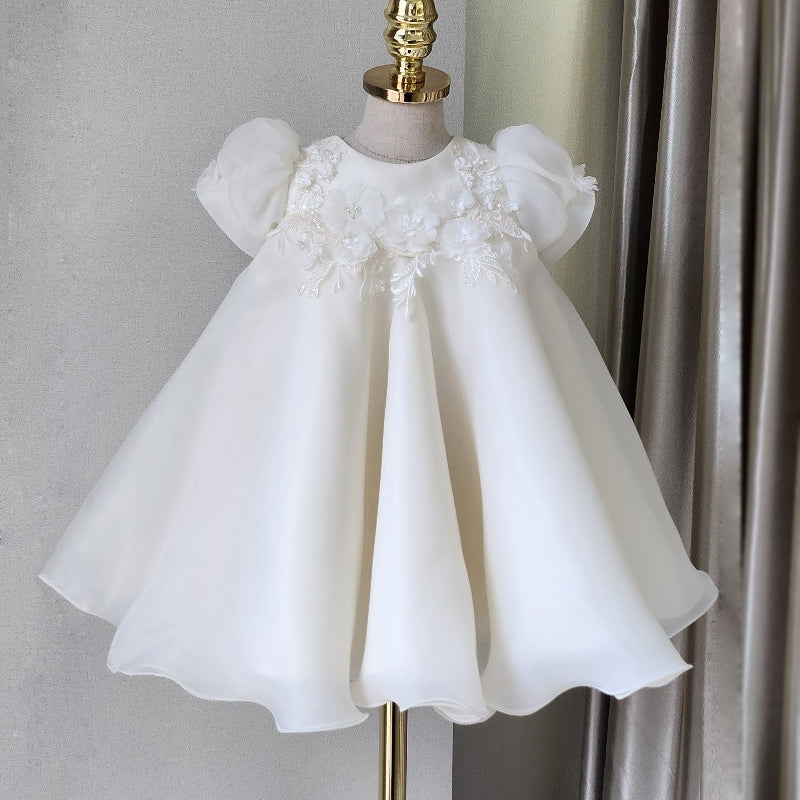 A-Line White Organza Christening Dress with Appliqué and Fabric Flowers | White / 2-3 Years (100cm) A-Line White Organza Christening Dress with Appliqué and Fabric Flowers | White / 2-3 Years (100cm)