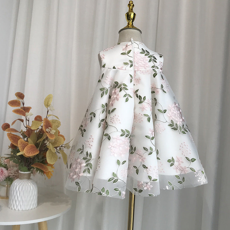 A-Line White Tulle Satin Flower Girl Dress with Embroidery and Tiered Bow Skirt