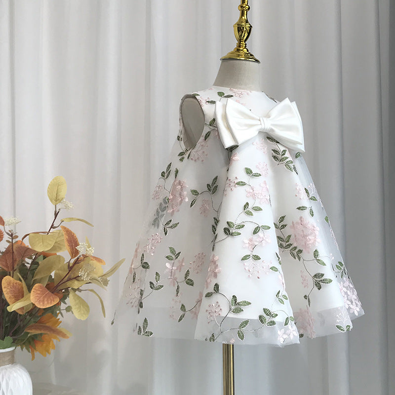 A-Line White Tulle Satin Flower Girl Dress with Embroidery and Tiered Bow Skirt