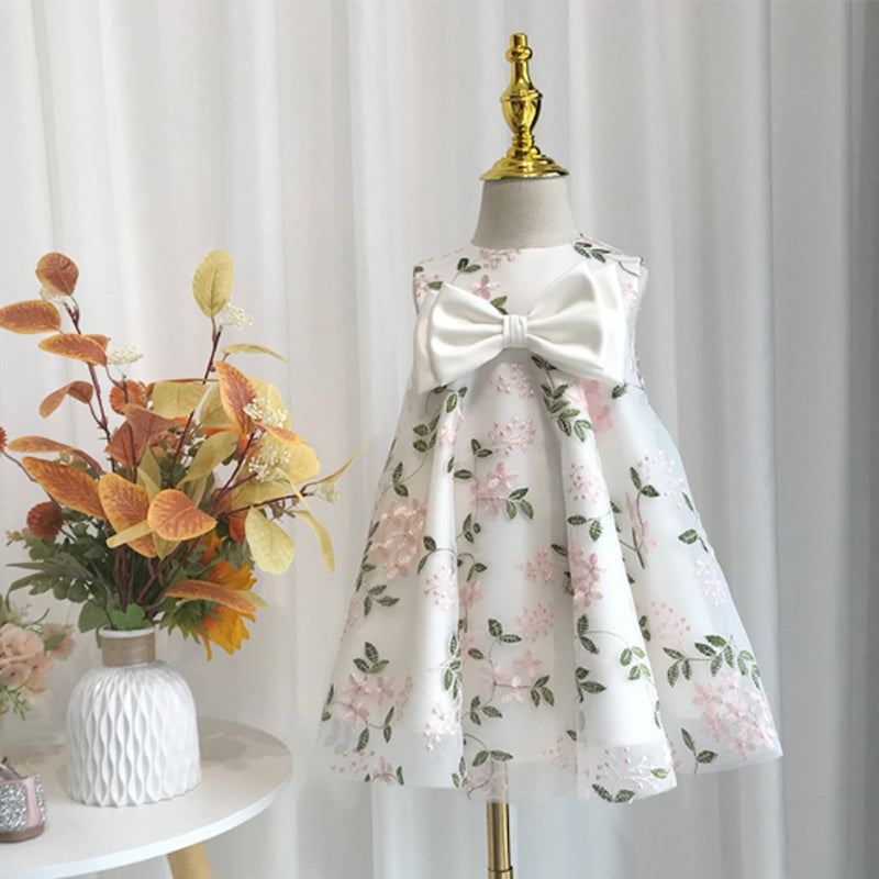 A-Line White Tulle Satin Flower Girl Dress with Embroidery and Tiered Bow Skirt