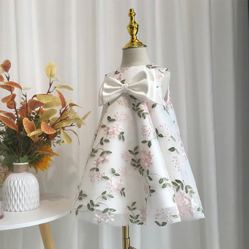 A-Line White Tulle Satin Flower Girl Dress with Embroidery and Tiered Bow Skirt