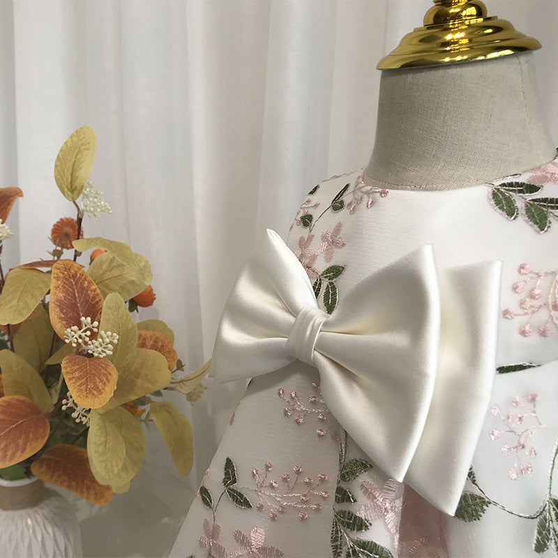 A-Line White Tulle Satin Flower Girl Dress with Embroidery and Tiered Bow Skirt