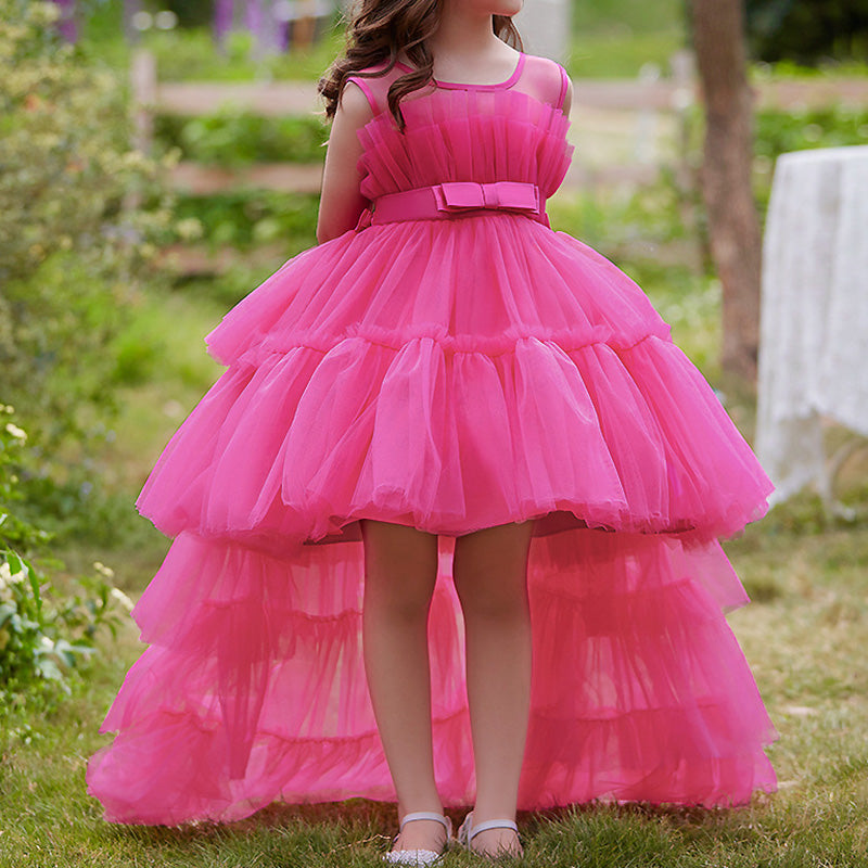 Toddler Puffy Ball Gown Tulle Dress with Illusion Neckline – Girls Birthday & Flower Girl Dress