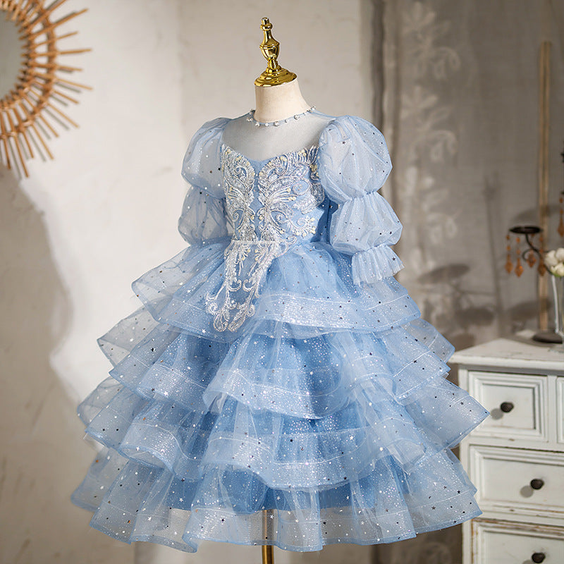 Girls' Illusion Neck Ball Gown – Long Sleeve Sequin Tiered Tulle Special Occasion Dress