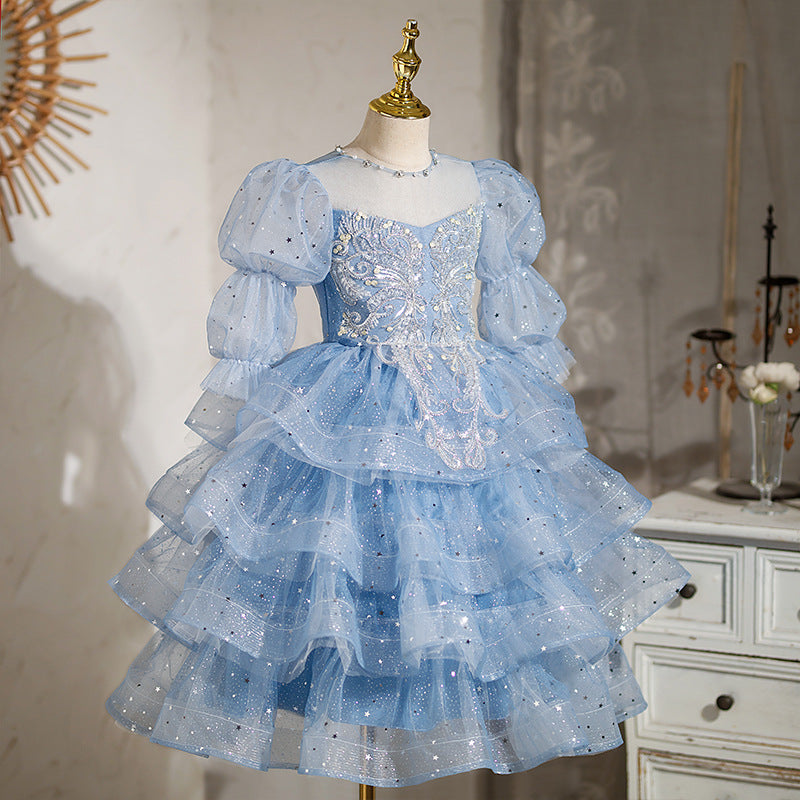 Girls' Illusion Neck Ball Gown – Long Sleeve Sequin Tiered Tulle Special Occasion Dress