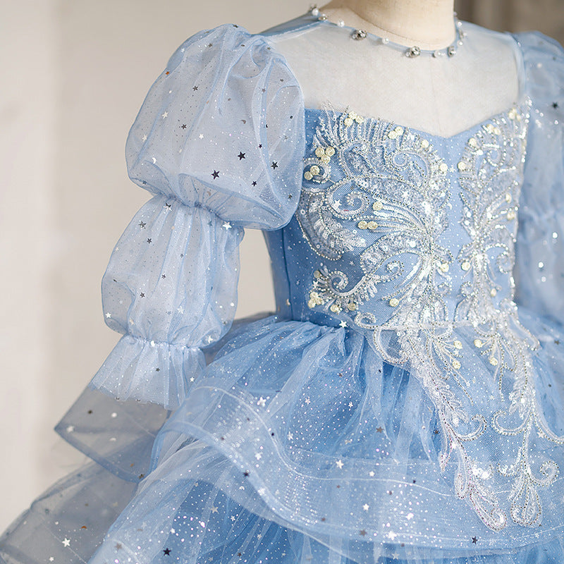 Girls' Illusion Neck Ball Gown – Long Sleeve Sequin Tiered Tulle Special Occasion Dress