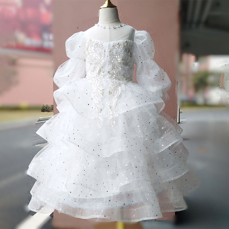 Girls' Illusion Neck Ball Gown – Long Sleeve Sequin Tiered Tulle Special Occasion Dress