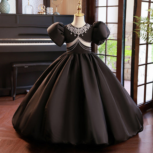 Beaded Black Princess Dress for Girls with Sweep Train | Floor-Length Mesh Party Gown