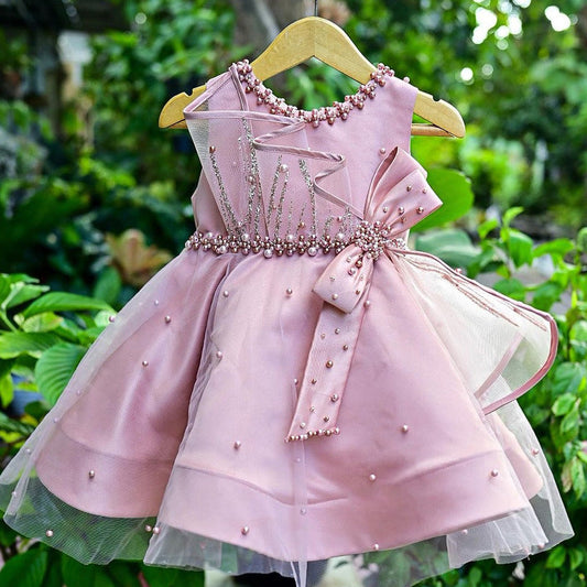 Pink Beaded Bow Satin Flower Girl Dress - Toddler & Kids Birthday Party Dress