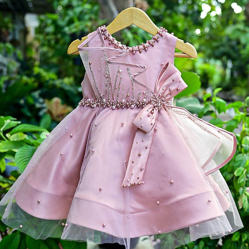 Pink Beaded Bow Satin Flower Girl Dress - Toddler & Kids Birthday Party Dress