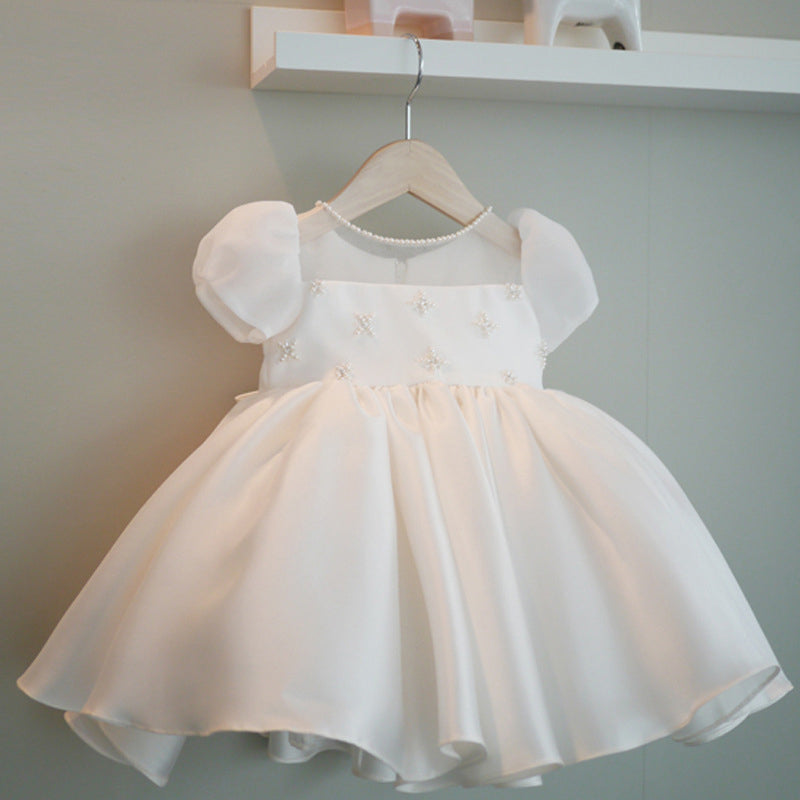 White Beaded Satin Ball Gown Dress for Girls – Special Occasion & Party