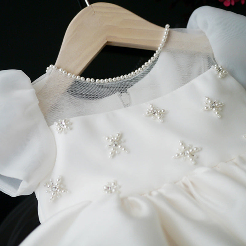 White Beaded Satin Ball Gown Dress for Girls – Special Occasion & Party
