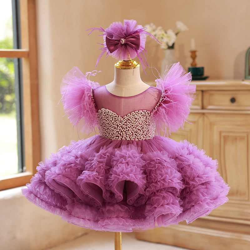 Beaded Puffy Princess Tulle Dress for Girls – Sweetheart Illusion, Short Sleeve, Purple