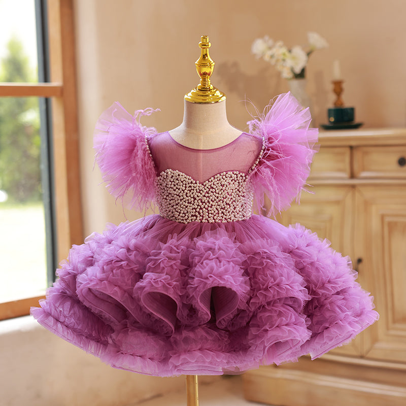 Beaded Puffy Princess Tulle Dress for Girls – Sweetheart Illusion, Short Sleeve, Purple