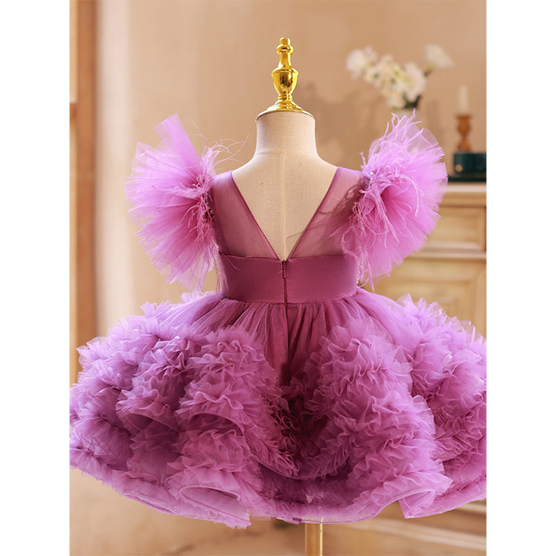 Beaded Puffy Princess Tulle Dress for Girls – Sweetheart Illusion, Short Sleeve, Purple
