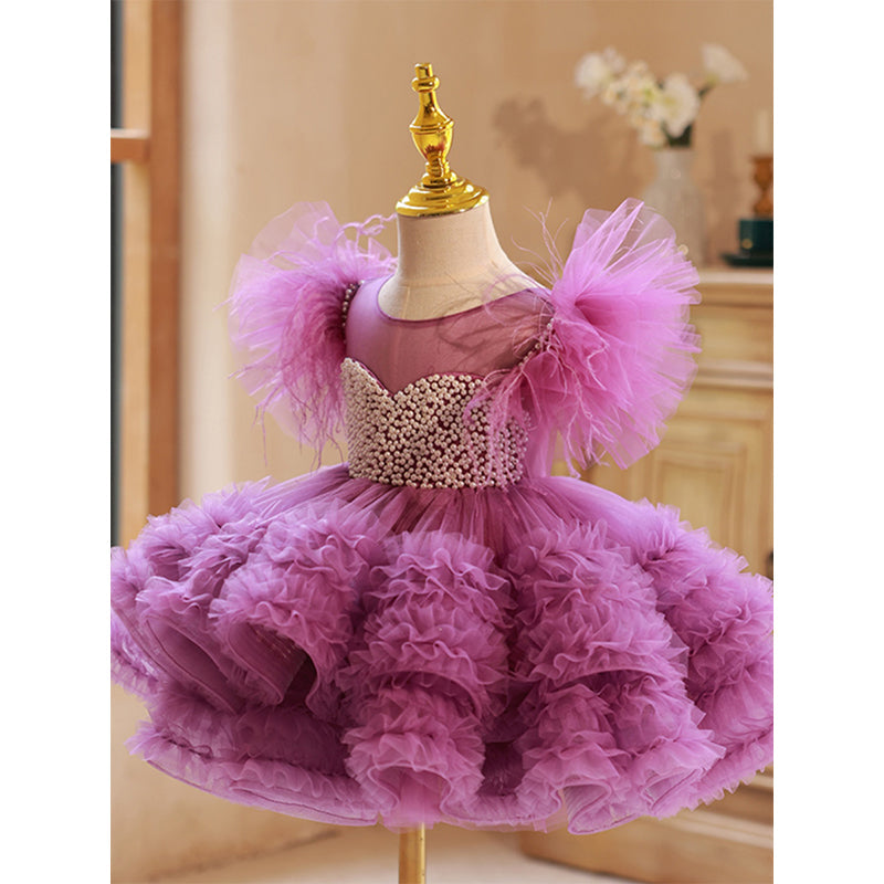 Beaded Puffy Princess Tulle Dress for Girls – Sweetheart Illusion, Short Sleeve, Purple