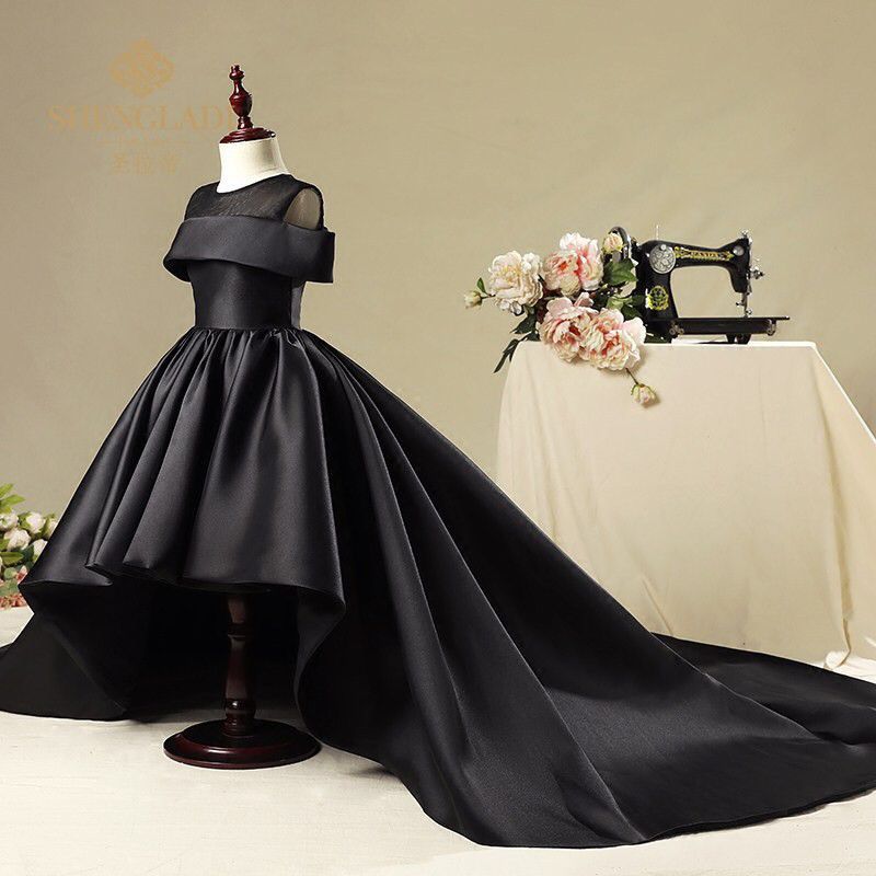 Black Organza A-Line Flower Girl Dress Cold Shoulder Ruffle
